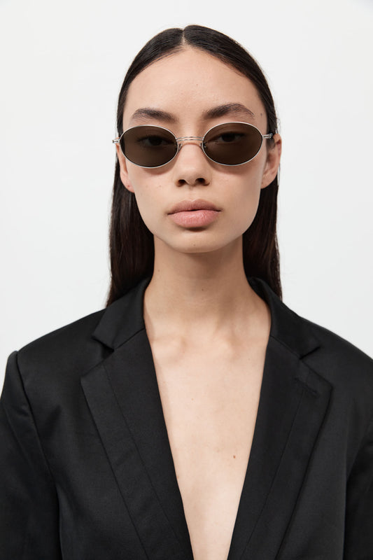 St. Agni - Fine Metal Oval Sunglasses in Chrome Black