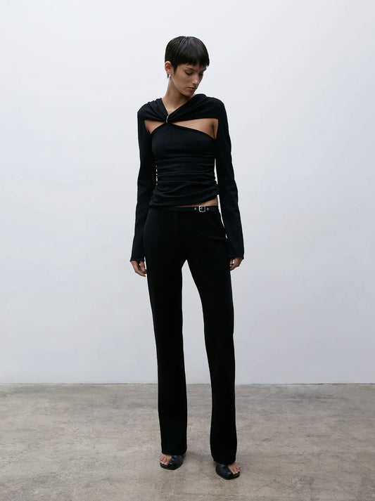 Paris Georgia - Sleek Belted Pant in Black Crepe